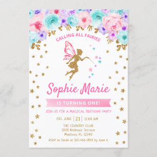Fairy 1st Birthday - Gold Teal Purple Pink Invitation
