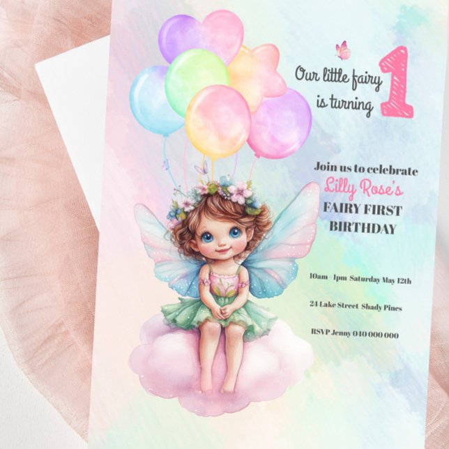 Fairy 1st Birthday Invitation, Fairy on a Cloud Invitation (Fairy First Birthday Invitation featuring a sweet pastel coloured fairy on a cloud)