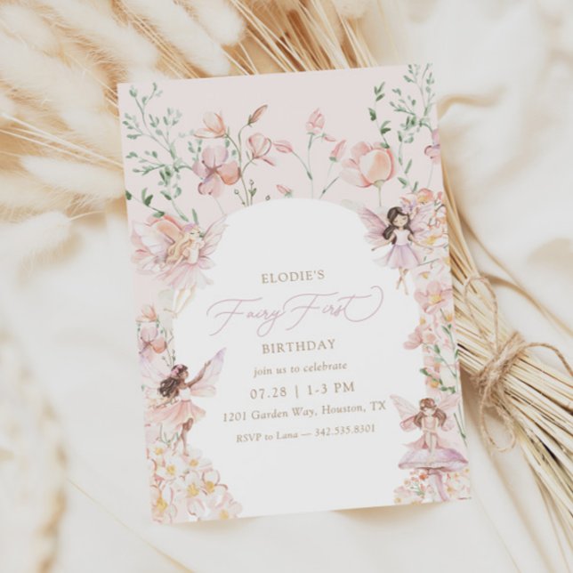 Fairy 1st Pink Floral Girls Birthday Invitation (Creator Uploaded)