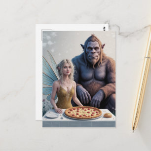 Fairy and a Sasquatch Pizza Party in the Woods Postcard