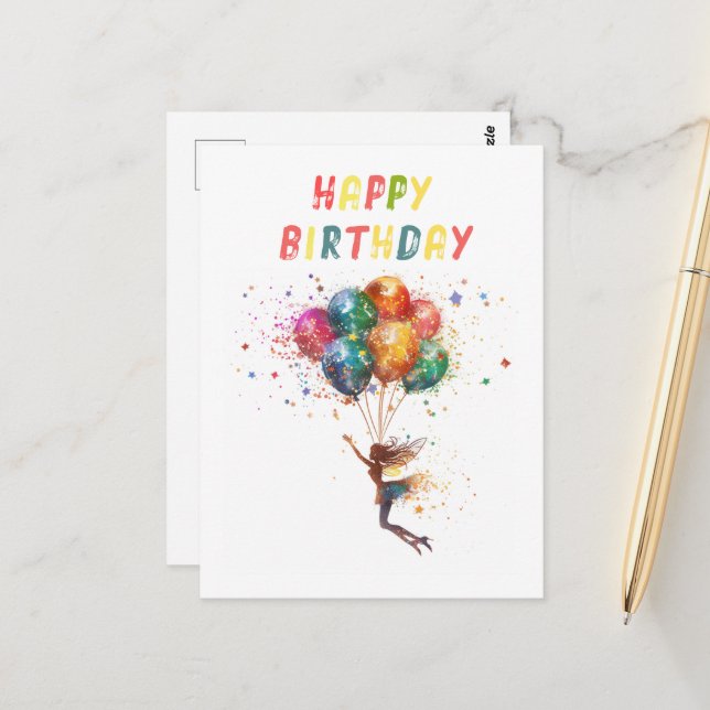 Fairy and Balloons Colourful Happy Birthday Postcard (Front/Back In Situ)