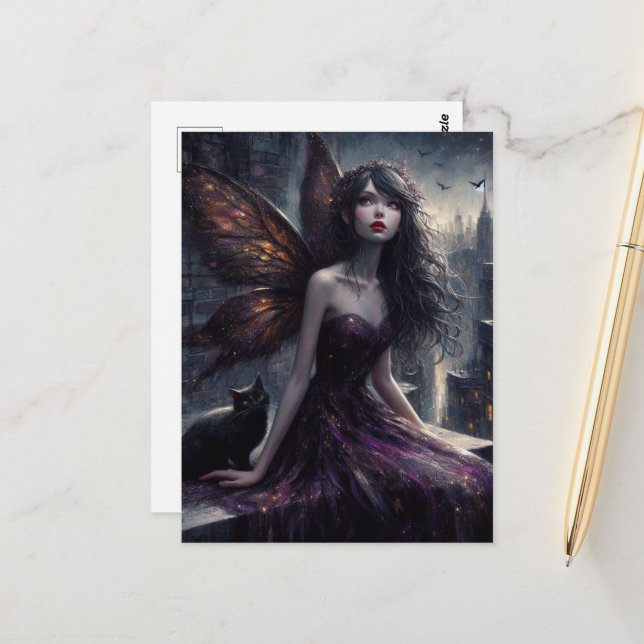 Fairy and black cat overlook the city at night postcard (Front/Back In Situ)