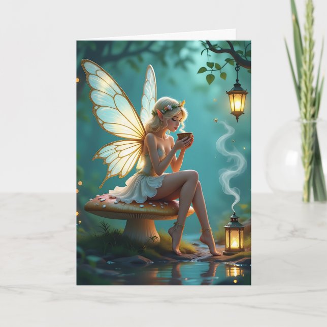 Fairy and Coffee Themed Birthday for Her Card (Front)