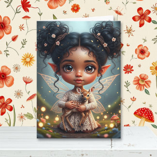 Fairy and Deer Girl's Cottagecore Birthday  Card