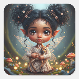Fairy and Deer Girl's Cottagecore Birthday  Square Sticker