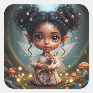 Fairy and Deer Girl's Cottagecore Birthday  Square Sticker