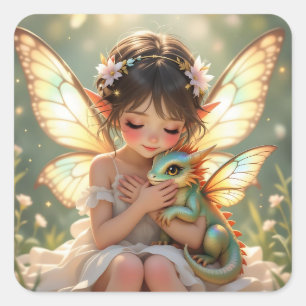 Fairy and Dragon   Chibi Anime Fairy Tale Square Sticker