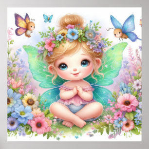 Fairy and flowers in fairy land pastel watercolor  poster