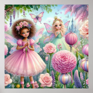 Fairy and flowers in fairy land pastel watercolor  poster