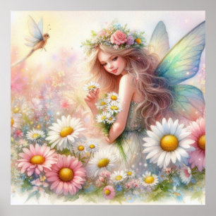 Fairy and flowers in fairy land pastel watercolor  poster