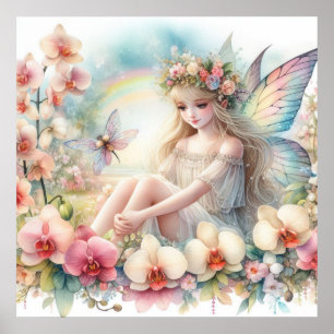 Fairy and flowers in pastel colours watercolor  poster