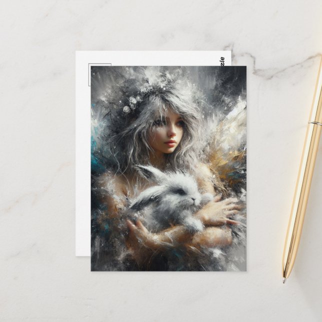 Fairy and Her Adorable Rabbit Postcard (Front/Back In Situ)