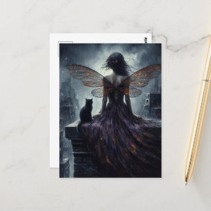 Fairy and her cat overlook the city fantasy postcard