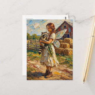 Fairy and her Pet Racoon on a Farm Postcard