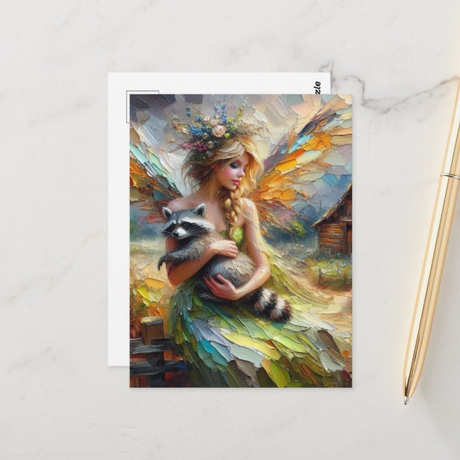 Fairy and her Pet Racoon Postcard (Front/Back In Situ)