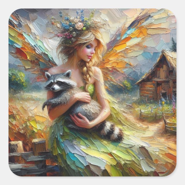 Fairy and her Pet Racoon Square Sticker (Front)