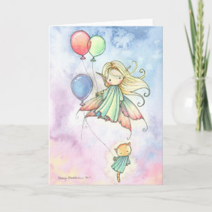 Fairy and Kitty with Balloons Birthday Card