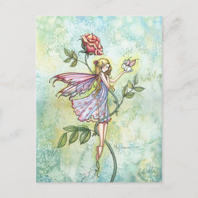 Fairy and Little Winged Bunny Fantasy Art Postcard (Front)