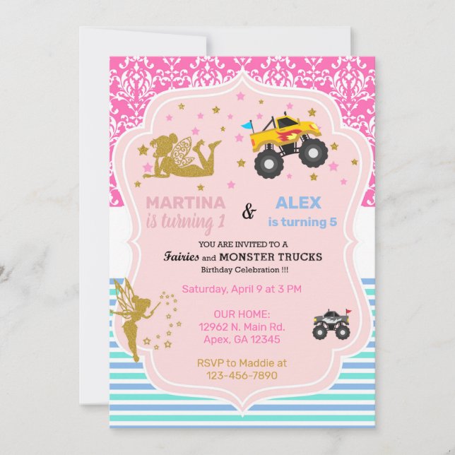  Fairy and monster trucks siblings birthday. Invitation (Front)