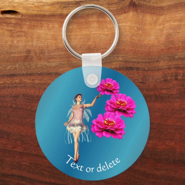 Fairy And Pink Zinnias Flowers Personalised Key Ring (Front)