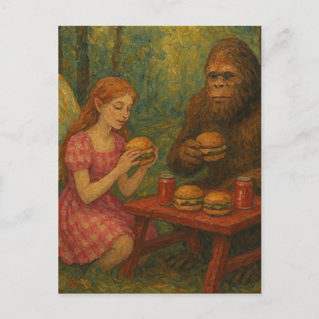Fairy and Sasquatch Eating Cheeseburgers in Forest Postcard (Front)