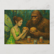 Fairy and Sasquatch Eating Cheeseburgers