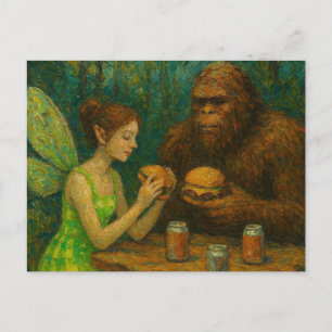 Fairy and Sasquatch Eating Cheeseburgers Postcard
