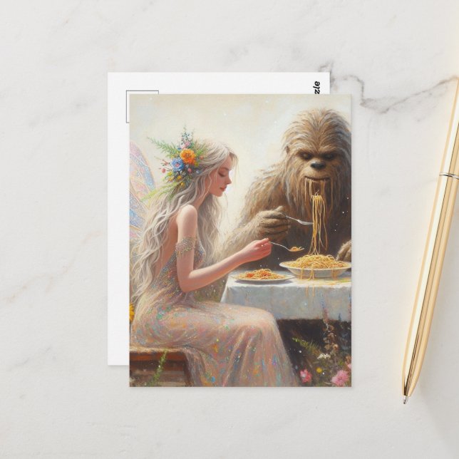 Fairy and Sasquatch Eating Spaghetti Postcard (Front/Back In Situ)