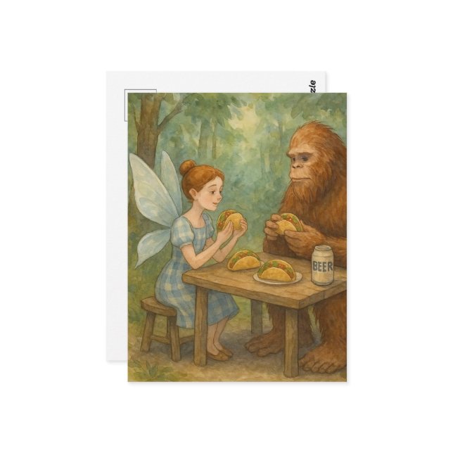 Fairy and Sasquatch Eating Tacos Fantasy Art Postcard (Front/Back In Situ)