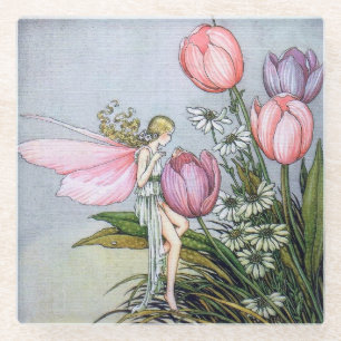 Fairy and Tulips Glass Coaster