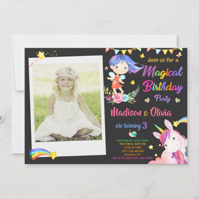 Fairy and Unicorn birthday invitation Girls photo (Front)
