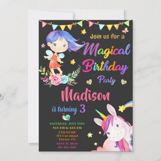 Fairy and Unicorn birthday invitation Magic party (Front)