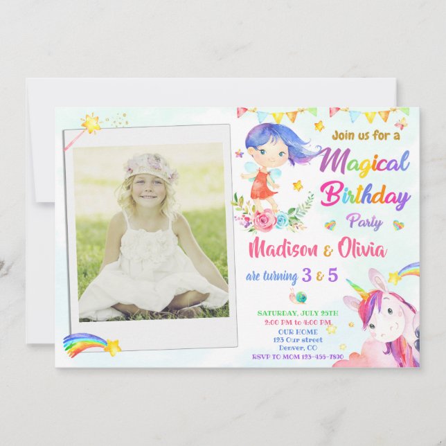 Fairy and Unicorn birthday invitation two girls (Front)