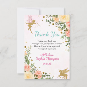 Fairy And Unicorn Floral Gold Glitter 1st Birthday Thank You Card