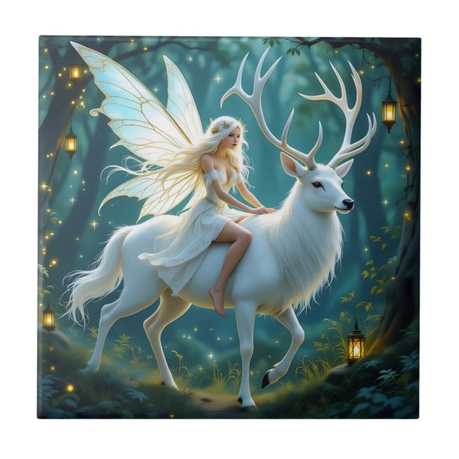 Fairy and White Deer Magical Forest Ceramic Tile (Front)