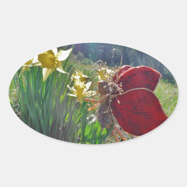 Fairy and yellow flowers oval sticker (Front)