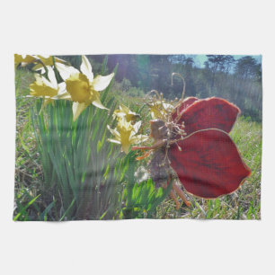 Fairy and yellow flowers tea towel