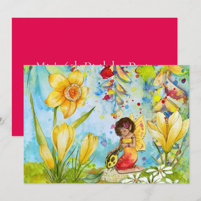 Fairy art watercolour girl's birthday party invitation (Front/Back)