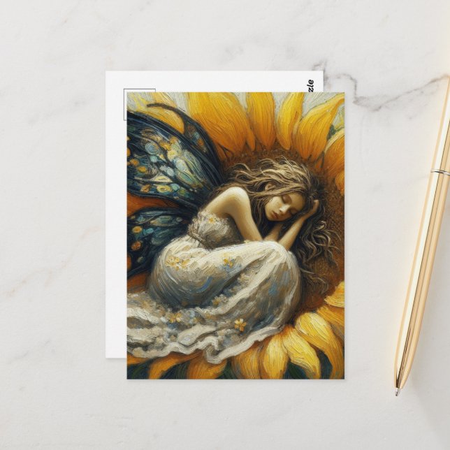 Fairy Asleep on a Sunflower Postcard (Front/Back In Situ)