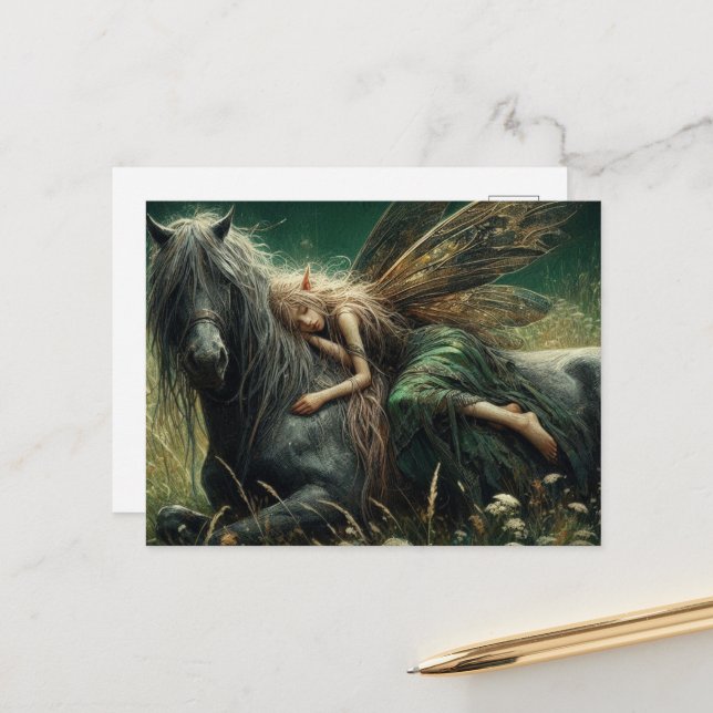 Fairy asleep on her horse postcard (Front/Back In Situ)