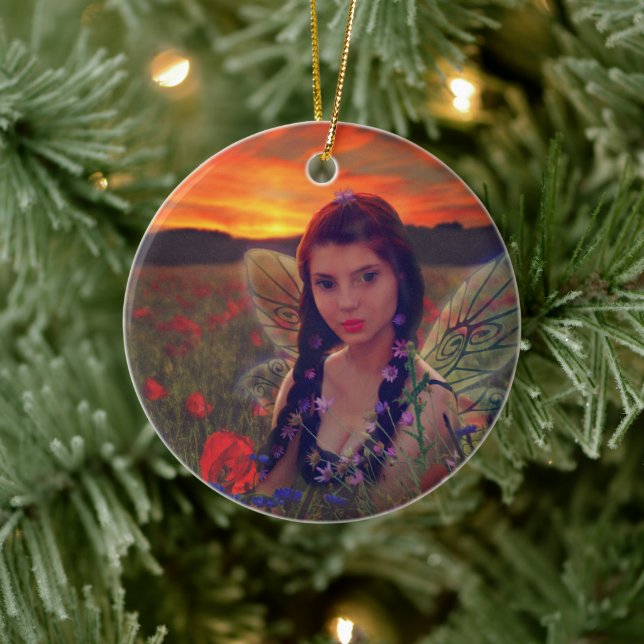 Fairy at Sunset in a field of poppies Fantasy Art Ceramic Ornament (Tree)