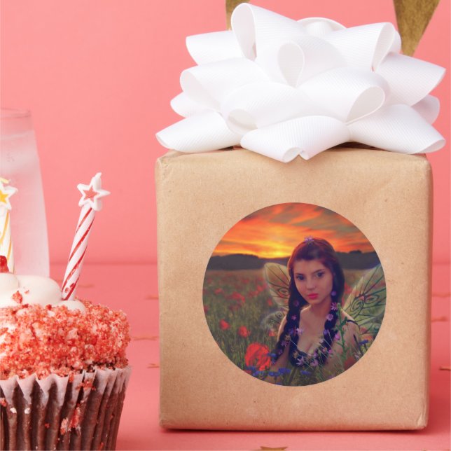 Fairy at Sunset in a field of poppies Fantasy Art Classic Round Sticker (Party)
