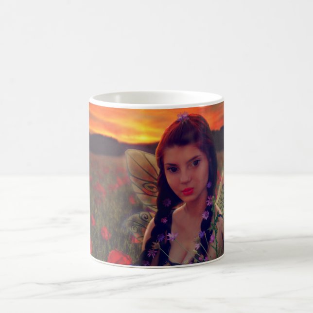 Fairy at Sunset in a field of poppies Fantasy Art Coffee Mug (Center)