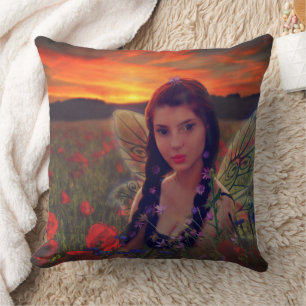 Fairy at Sunset in a field of poppies Fantasy Art Cushion
