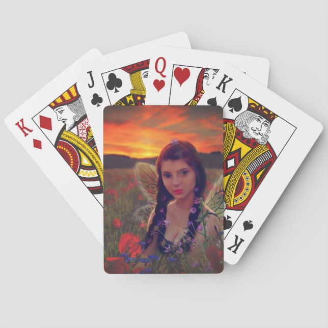 Fairy at Sunset in a field of poppies Fantasy Art Playing Cards (Back)