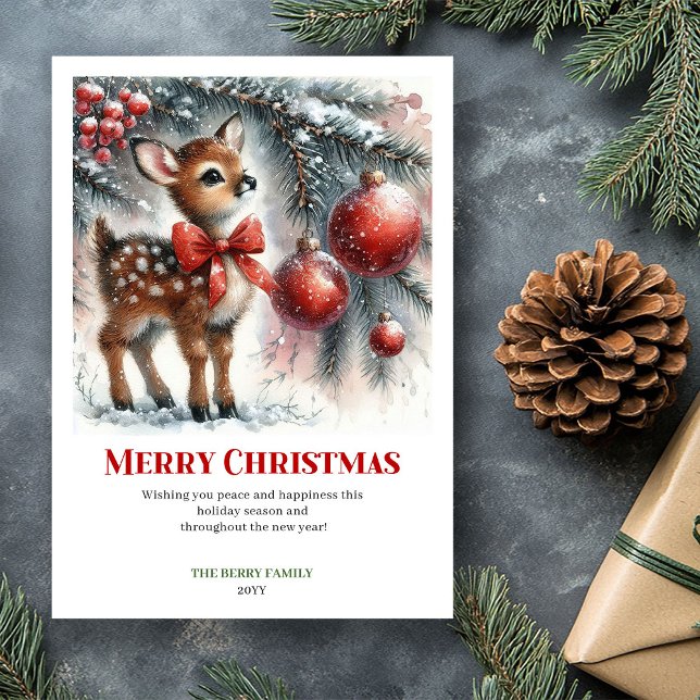 Fairy baby fawn snowy forest winter scene greeting holiday card (Fairy baby fawn snowy forest winter scene greeting card)