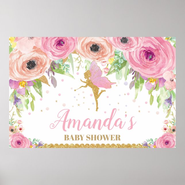 Fairy Baby Shower Backdrop Banner Floral Baby Girl Poster (Front)