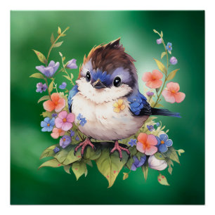 Fairy Bird Flowers watercolor Clipart-73610 Poster