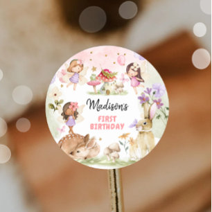 Fairy Birthday 1st Enchanted Forest Girl Floral Classic Round Sticker