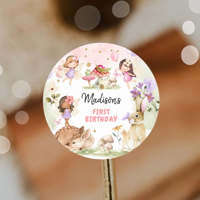 Fairy Birthday 1st Enchanted Forest Girl Floral Classic Round Sticker (Creator Uploaded)